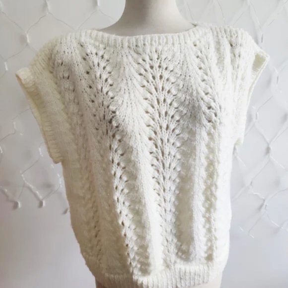 Vintage Sweaters - Vintage Crochet Knit Sweater Handmade Womens Size Large White Ivory Holiday Top